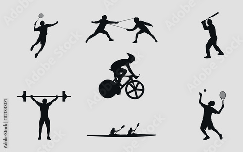 Black silhouettes of athletes from different sports. Vector on gray background