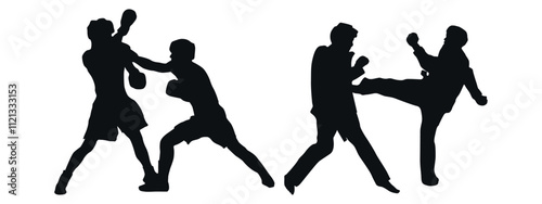 Black silhouettes of boxing and karate fighters. Vector on gray background