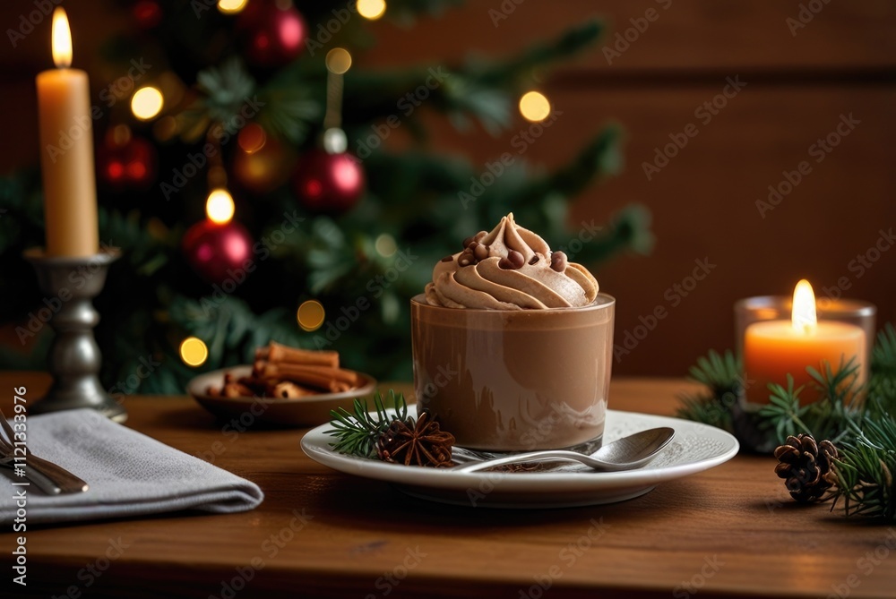 Fototapeta premium Creamy chocolate mousse dessert with whipped topping in glass with festive background