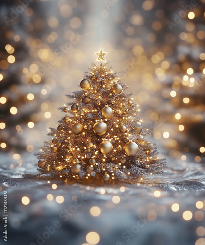 Golden Christmas tree in snow with beautiful festive bokeh, outdoor