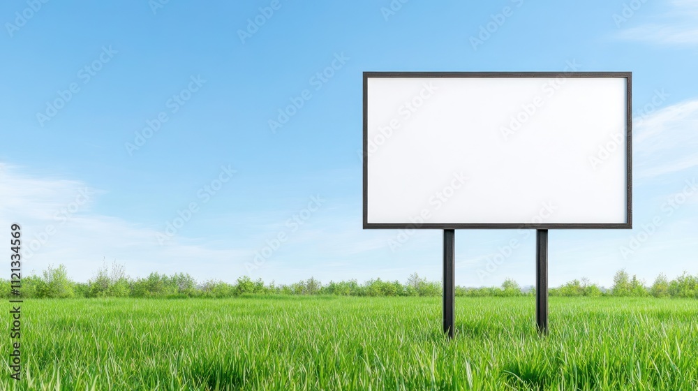 A blank billboard in a grassy field under a clear blue sky. A blank billboard in a grassy field under a clear blue sky.
