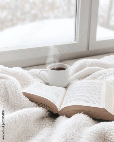 Cozy Winter Corner with Herbal Tea and Open Book by Snowy Window photo