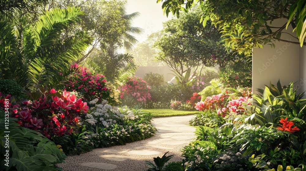 Exploring vibrant floral pathways in a serene garden landscape tropical paradise morning light