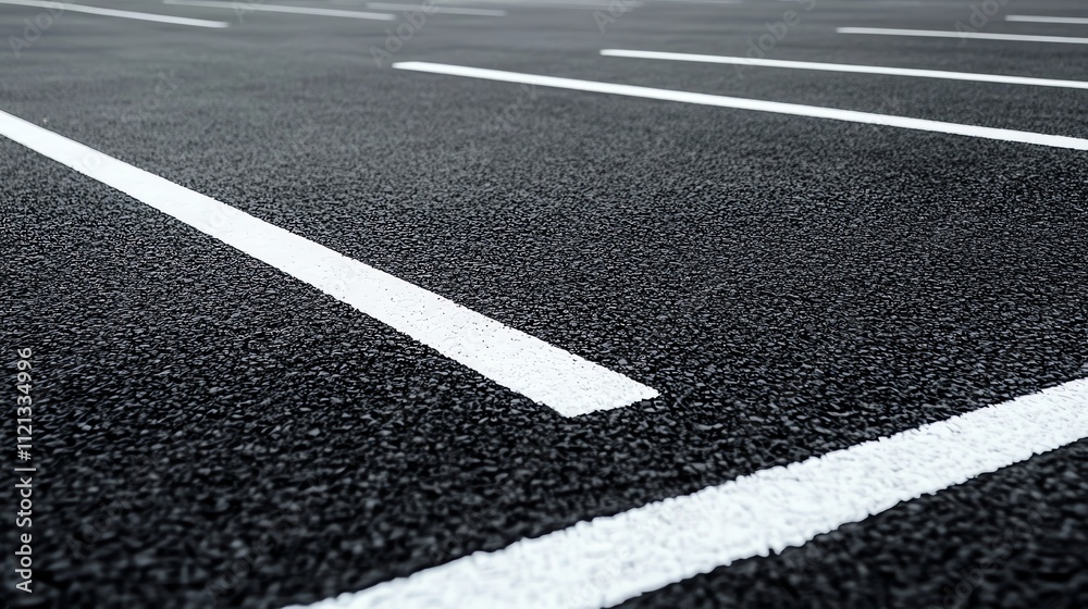 A close-up view of a black asphalt parking lot with white lines painted on it. A close-up view of a black asphalt parking lot with white lines painted on it.
