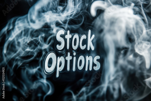 Creative depiction of stock options text enveloped in swirling ethereal smoke against a dark background, symbolizing complexity and allure in financial markets. photo