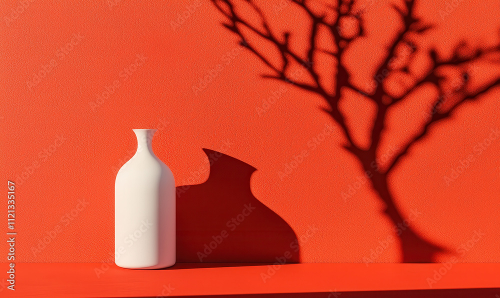 Minimalist White Vase with Tree Shadow on Vibrant Red Background Stock Photo Minimalist White Vase with Tree Shadow on Vibrant Red Background Stock Photo