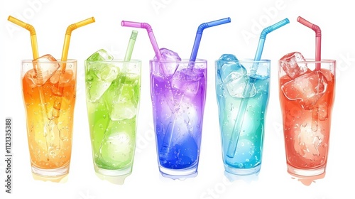 Vibrant and Colorful Illustrated Drinks in Glasses with Ice Cubes and Straws for Summer Refreshment or Party Themes photo