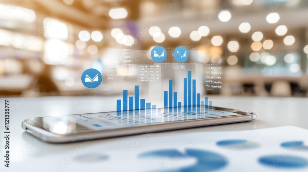 A smartphone displays digital graphs and data analytics, symbolizing modern technology's role in business and information analysis. A smartphone displays digital graphs and data analytics, symbolizing modern technology's role in business and information analysis.