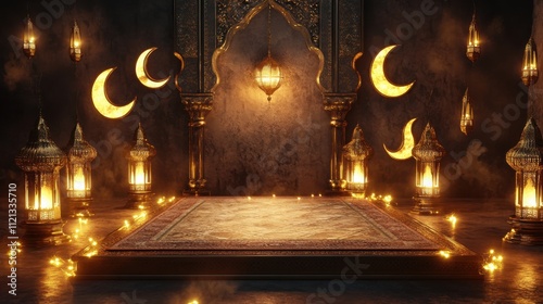 Magnificent Ramadan Festive Background with Golden Lanterns and Moons