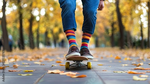 A casual scene of a man wearing funky socks while skateboarding in an urban park photo