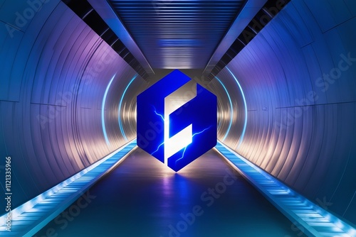 A futuristic tunnel with a sleek metallic int photo