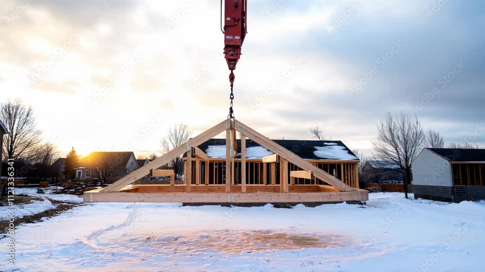 A crane hoists a wooden roof truss into position