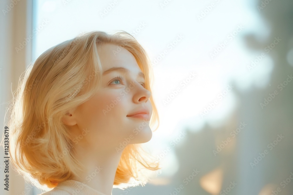 Young woman with blond hair looking out window, sunlight. Young woman with blond hair looking out window, sunlight.
