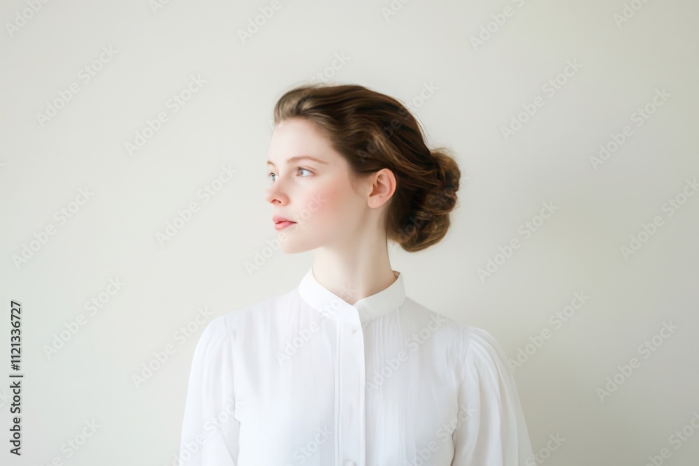 Young woman with elegant updo, wearing white shirt, looking away. Young woman with elegant updo, wearing white shirt, looking away.