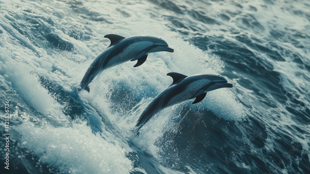 Obraz premium Playful dolphins jumping over breaking waves. hawaii pacific ocean wildlife scenery. marine animals in natural habitat. wildlife. 