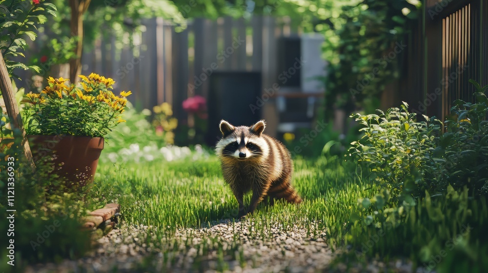 Obraz premium Raccoon in backyard. wildlife. Ultra realistic. Photorealistic hypermaximalist hyper realistic fine detail