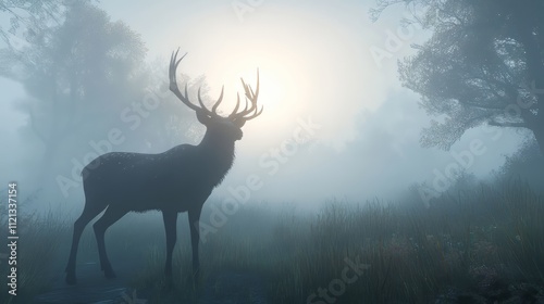 Red deer stag silhouette in the mist. wildlife. Ultra realistic. Photorealistic hypermaximalist hyper realistic fine detail