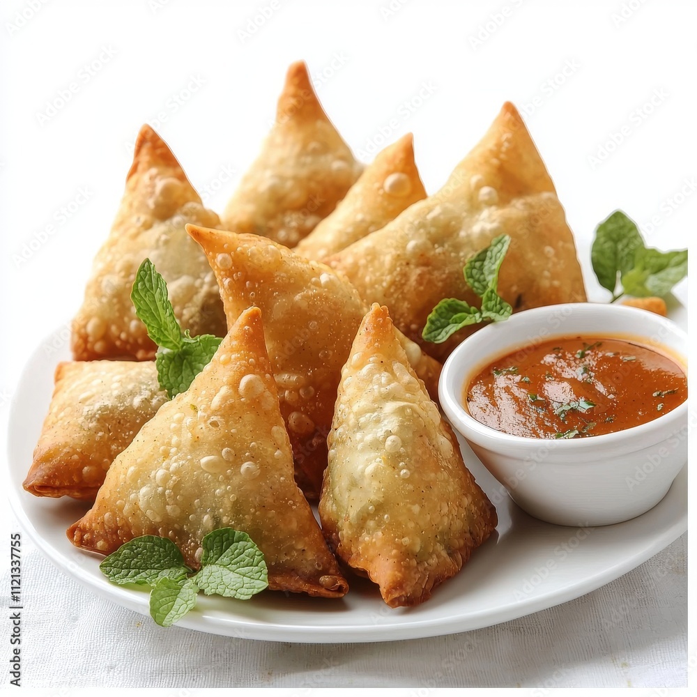 Delicious golden-brown samosas served with mint chutney, showcasing crispy textures and aromatic flavors. Delicious golden-brown samosas served with mint chutney, showcasing crispy textures and aromatic flavors.