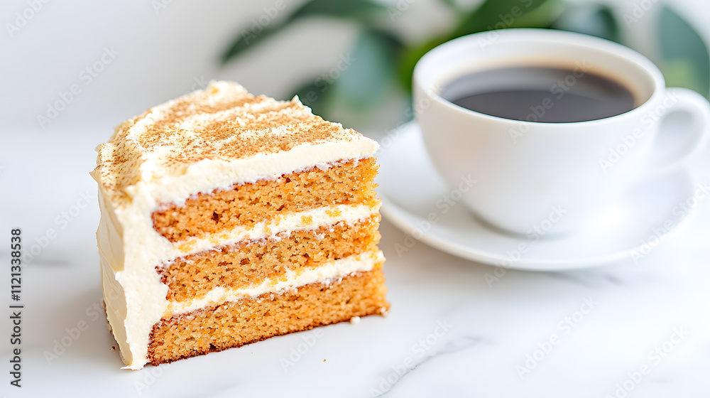 Slice of Carrot Cake with Cream Cheese Frosting Paired with Coffee - Perfect Dessert for a Cozy Indulgence