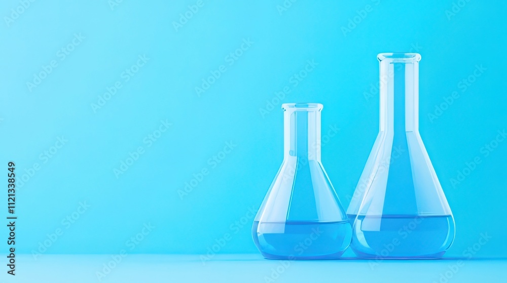 Two Erlenmeyer flasks with light blue liquid against a light blue background. Two Erlenmeyer flasks with light blue liquid against a light blue background.