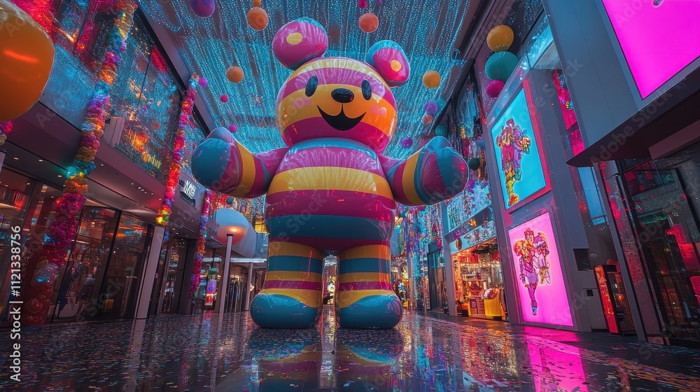 Fototapeta premium Vibrant Inflatable Bear Sculpture Illuminated in a Colorful Urban Shopping Center at Night