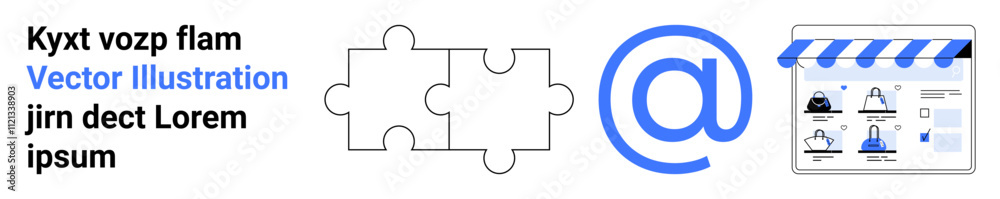 Puzzle pieces, blue email symbol, and storefront webpage illustration. Ideal for teamwork, communication, digital marketing, online shopping, e-commerce solutions and connectivity themes. Landing Puzzle pieces, blue email symbol, and storefront webpage illustration. Ideal for teamwork, communication, digital marketing, online shopping, e-commerce solutions and connectivity themes. Landing