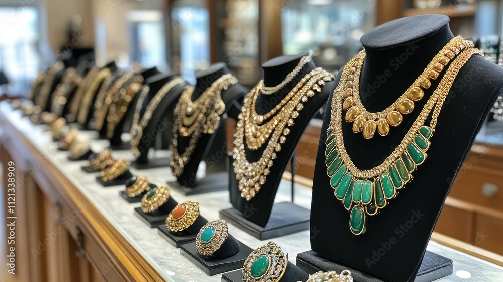 A display of statement necklaces with bold gemstones, artfully arranged on a boutique counter A display of statement necklaces with bold gemstones, artfully arranged on a boutique counter