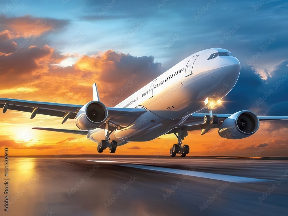 Airplane landing at sunset, runway, clouds, sky. Airplane landing at sunset, runway, clouds, sky.