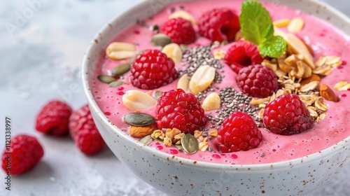 Creating a delicious smoothie bowl topped with fresh fruits in a bright kitchen setting