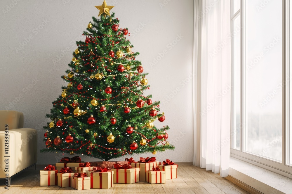A beautifully decorated Christmas tree with red and gold ornaments, surrounded by wrapped gifts in a cozy living room. A beautifully decorated Christmas tree with red and gold ornaments, surrounded by wrapped gifts in a cozy living room.
