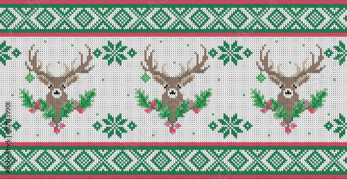 Imitation of knitted winter pattern. Seamless pattern with deer and holiday decoration. Norwegian style knitted sweater. Ugly sweater.