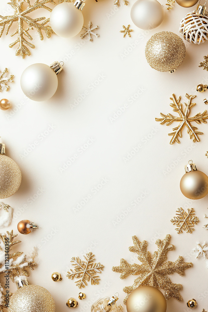 Fototapeta premium Warm and Cozy Winter Ambiance with Golden Christmas Decorations, Snowflakes, and Soft Lighting for a Festive Season