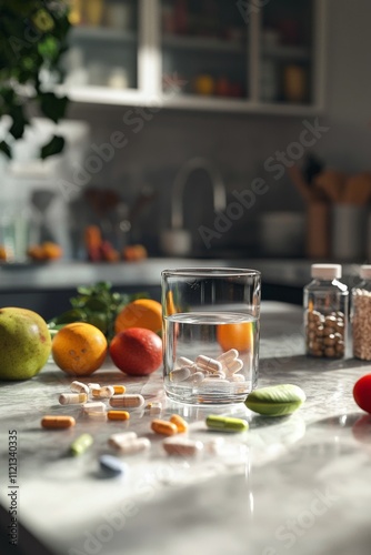 A vibrant mix of fresh fruits and supplements on a kitchen counter, with a glass of water ready for consumption.