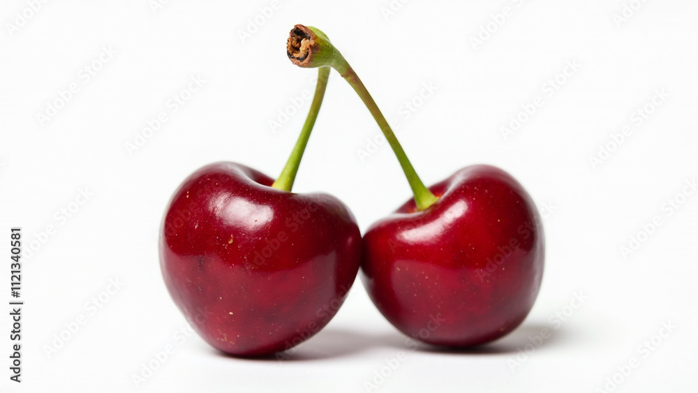 Pair of Fresh Juicy Red Cherries Isolated on White Background for Food and Fruit Concept. Pair of Fresh Juicy Red Cherries Isolated on White Background for Food and Fruit Concept.