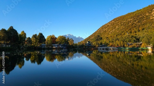 Tranquil Lake View with Reflections and Mountains in the Background, Lijiang, China