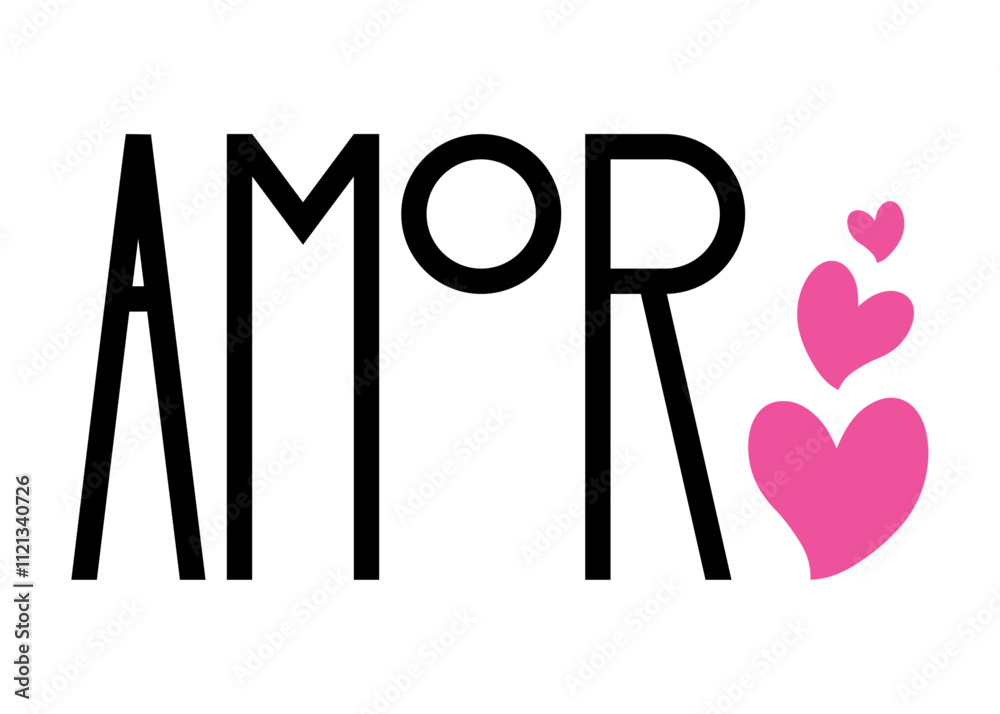 Banner con palabra amor en español en tipografía lineal alargada con silueta de grupo de corazones para tarjetas y felicitaciones de San Valentín