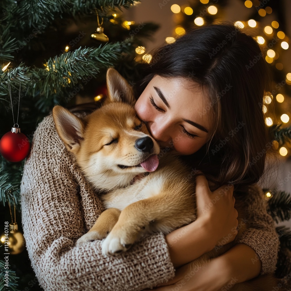 A joyful Asian woman embraces her fluffy corgi puppy by the Christmas tree, adorned with warm lights and ornaments. A joyful Asian woman embraces her fluffy corgi puppy by the Christmas tree, adorned with warm lights and ornaments.