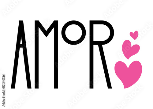 Banner con palabra amor en español en tipografía lineal alargada con silueta de grupo de corazones para tarjetas y felicitaciones de San Valentín