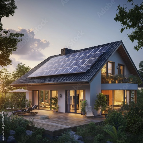 Modern eco-friendly home with solar panels, surrounded by lush greenery in a serene evening setting.