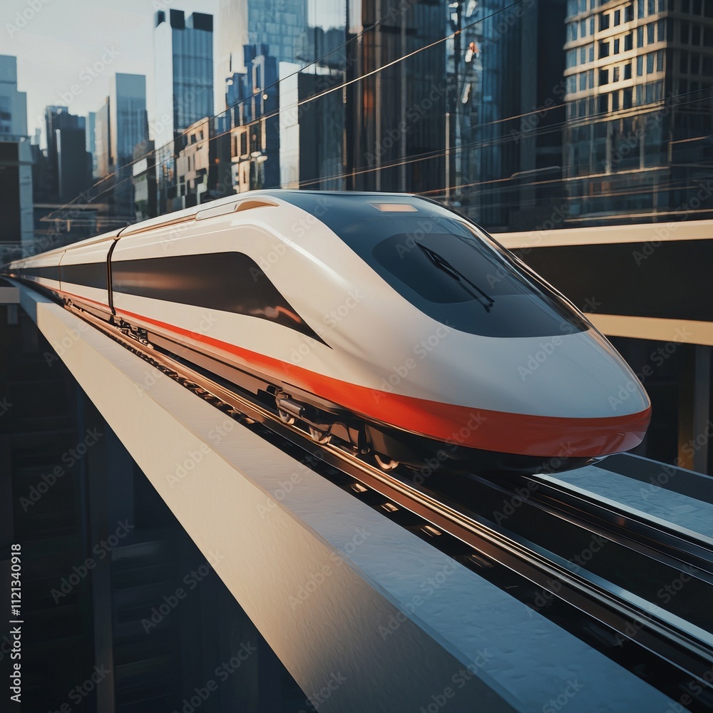 A sleek, futuristic train gliding through a modern cityscape, showcasing innovation and speed. A sleek, futuristic train gliding through a modern cityscape, showcasing innovation and speed.