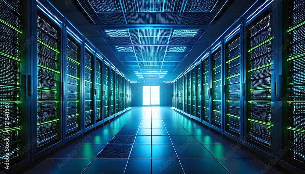 Obraz premium 3D Rendering of a Modern Server Room with Glowing Green and Blue LED