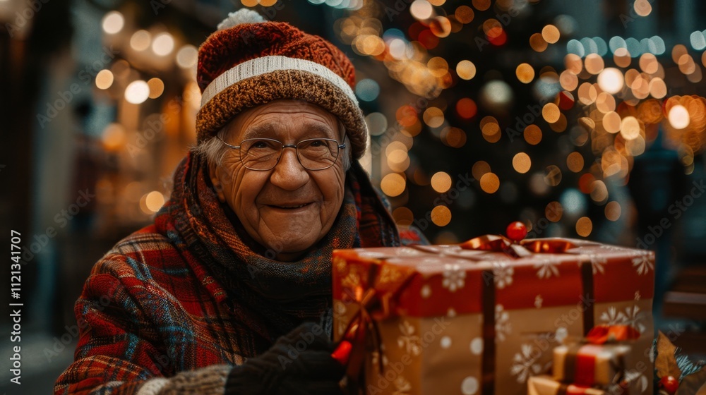 Elderly man joyfully browsing christmas gifts at modern desk with hot chocolate on winter evening Elderly man joyfully browsing christmas gifts at modern desk with hot chocolate on winter evening