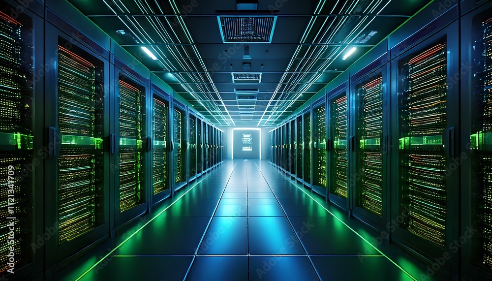 3D Rendering of a Modern Server Room with Glowing Green and Blue LED 3D Rendering of a Modern Server Room with Glowing Green and Blue LED
