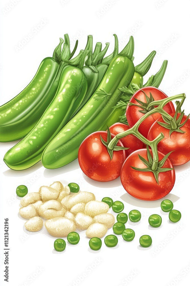 A vibrant arrangement of green chili peppers, ripe tomatoes, and fresh green peas, showcasing healthy produce. A vibrant arrangement of green chili peppers, ripe tomatoes, and fresh green peas, showcasing healthy produce.
