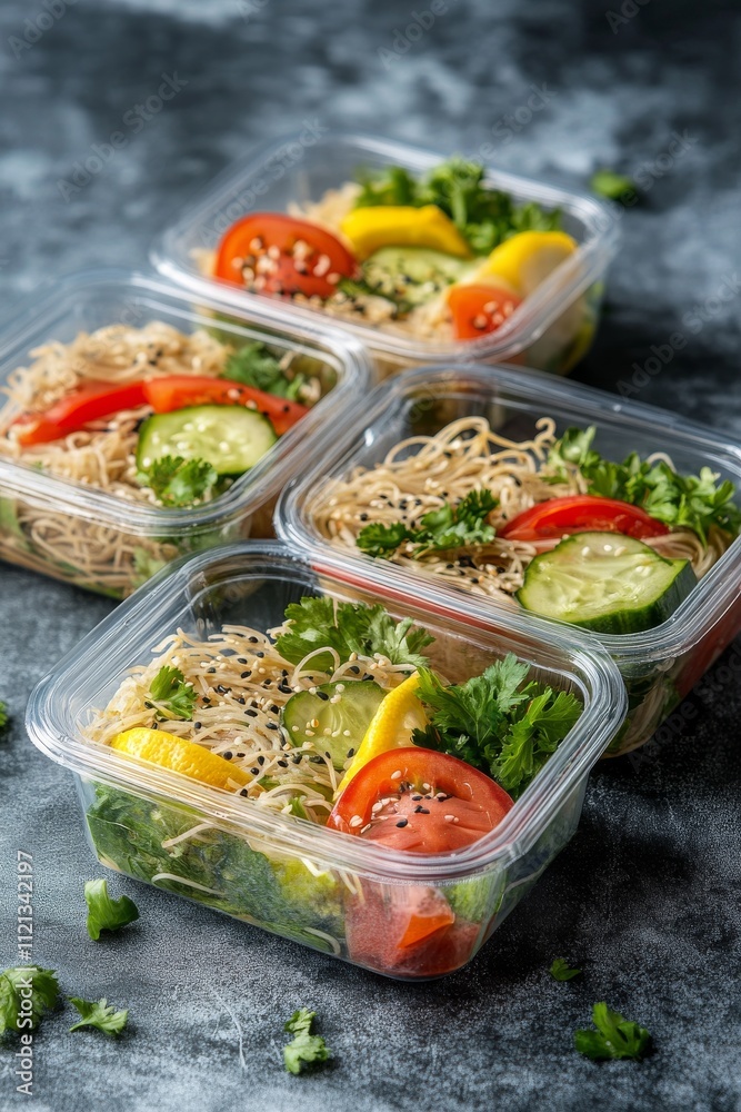 Fresh vegetable salad with noodles in clear containers showcasing vibrant colors and healthy ingredients. Fresh vegetable salad with noodles in clear containers showcasing vibrant colors and healthy ingredients.