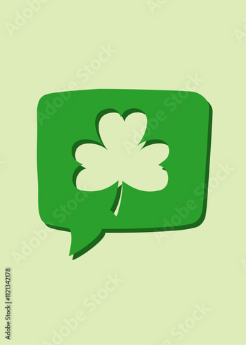 Día de San Patricio. Logo con silueta de trébol de tres hojas en burbuja de habla con sombra