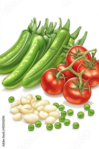 A vibrant arrangement of green chili peppers, ripe tomatoes, and fresh green peas, showcasing healthy produce.