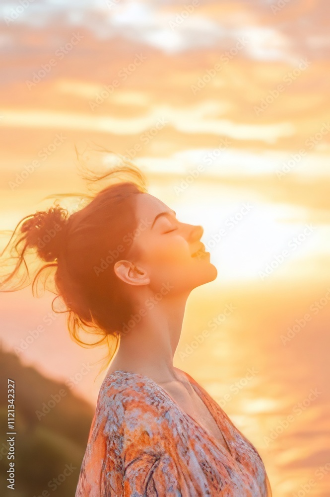 Woman enjoying golden hour sunrise. Woman enjoying golden hour sunrise.