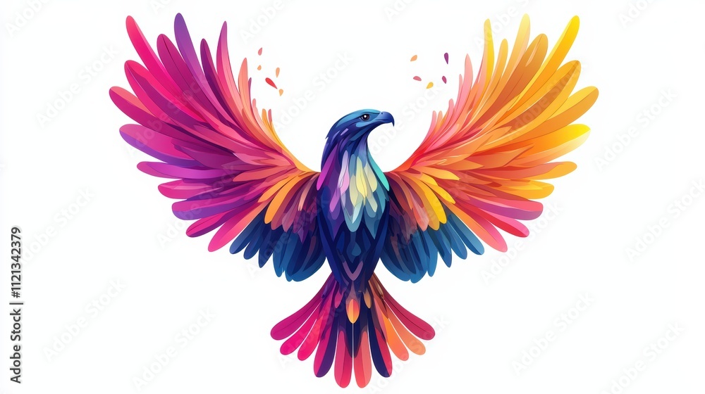 Fototapeta premium Vibrant flight of a colorful phoenix bird artistic design digital artwork fantasy realm front view