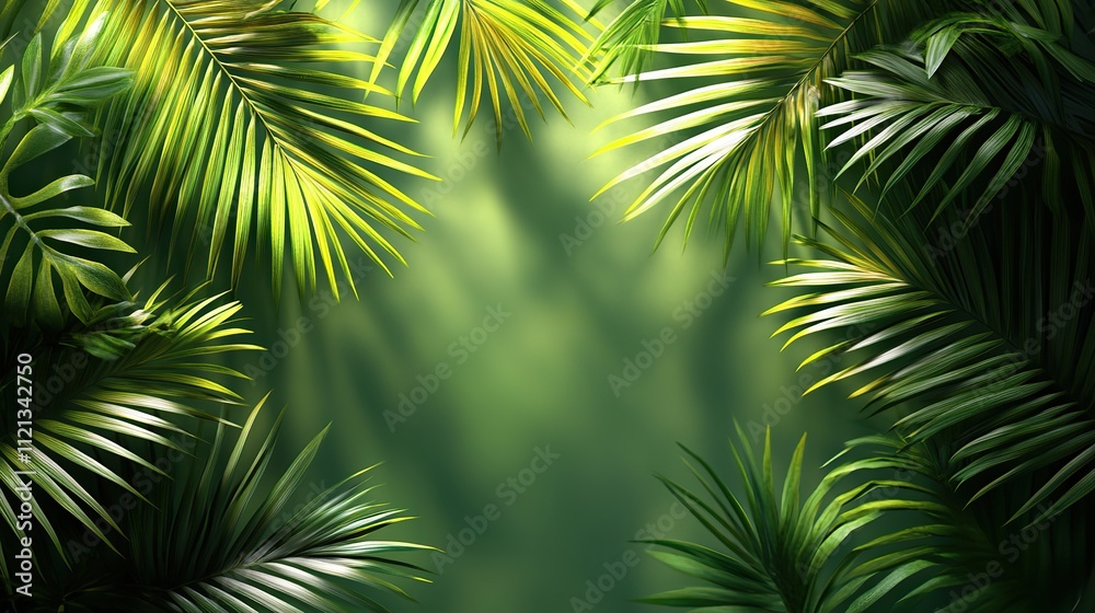 A minimalist olive-green background with palm leaf shadows, ideal for product displays A minimalist olive-green background with palm leaf shadows, ideal for product displays